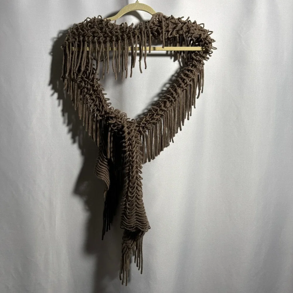 Womens Fringe‎ Knit Scarf Brown Taupe Boho Y2K Grunge